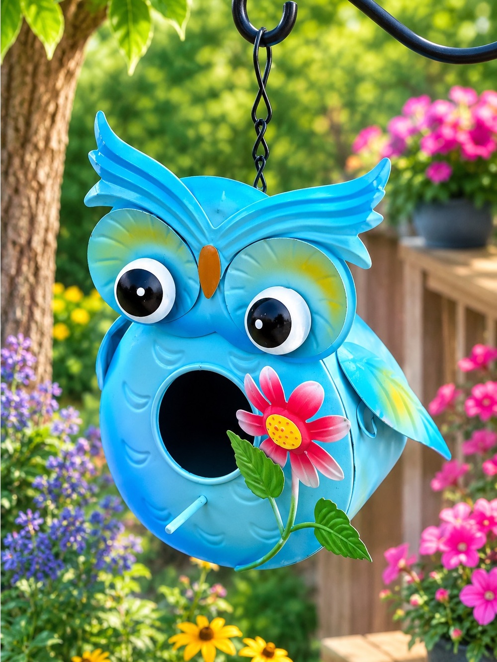 🩷. Blue Owl Birdhouse with Pink Flower Accent -
